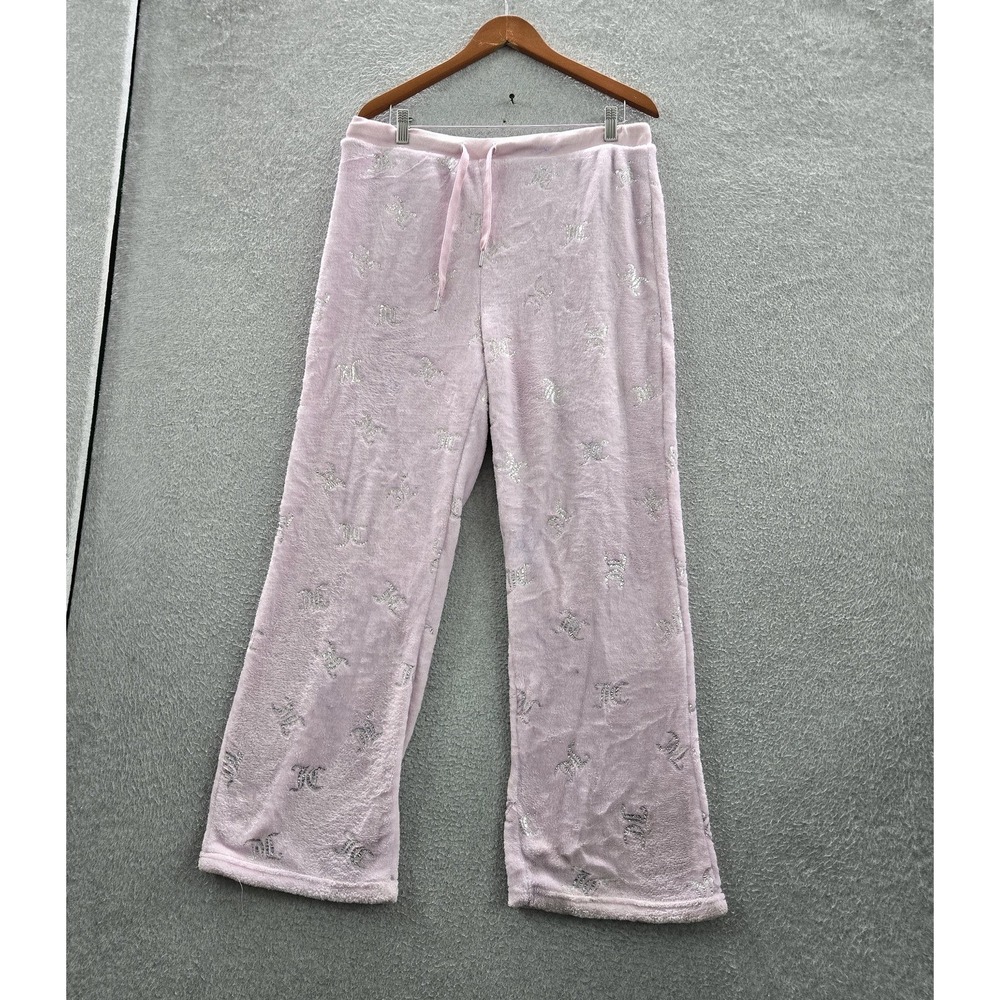 Juicy Couture Women Sleepwear XL Pink Pajama Pants Sherpa Logo Wide Leg